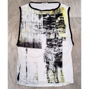 HELMUT LANG Abstract Graphic Print Sleeveless Tank Sz P Shirt White Black Yellow